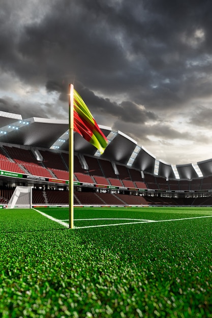 Empty soccer stadium without fans in the evening sunlight