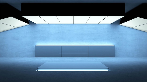 Empty Space concrete Hall interior with light box 3D rendering