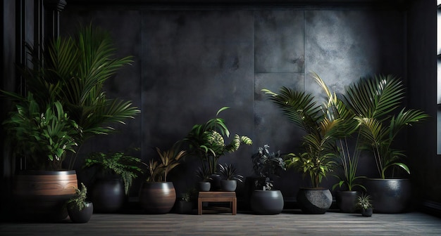 An empty space decorated with black pots and plants