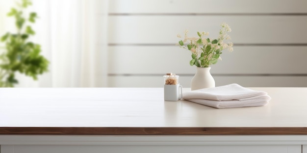 Empty space for decorations in kitchen with white wooden desk and napkin