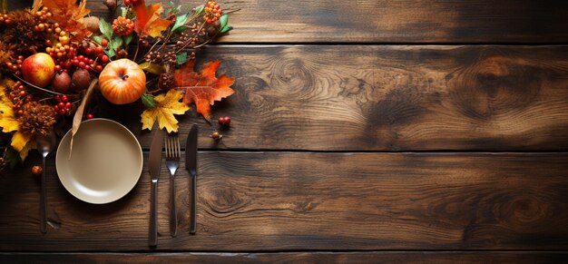 Empty space fork and knife on wooden background Table setting empty on the wooden table View above