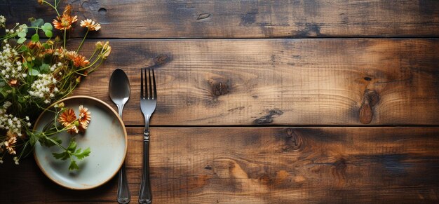 Empty space fork and knife on wooden background Table setting empty on the wooden table View above