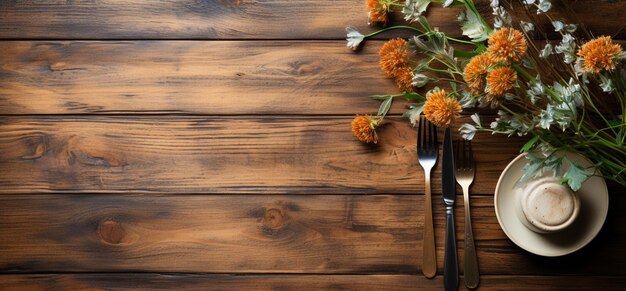 Empty space fork and knife on wooden background Table setting empty on the wooden table View above