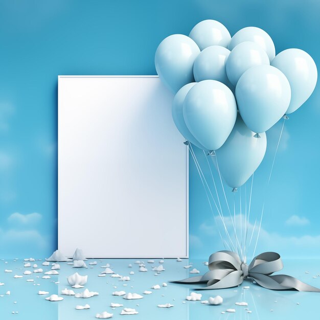 empty space frame with balloon and toy on blurred soft blue color background
