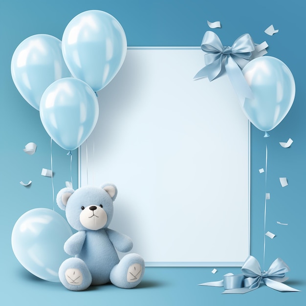 Photo empty space frame with balloon and toy on blurred soft blue color background