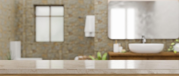 Empty space on marble bathroom countertop over blurred modern stone bathroom in the background