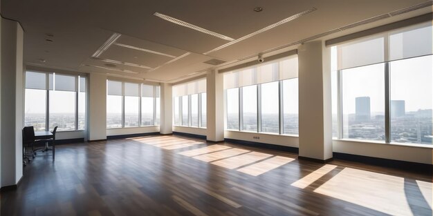 Empty space in office with large window overlooking city center Generative AI AIG18