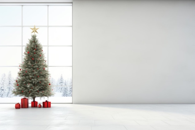 An empty space only a decorated Christmas tree adorns it Minimalist interior concept getting ready for the New Year