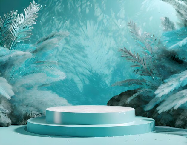 Empty space podium stage with aqua blue color with nature decoration 3d image render