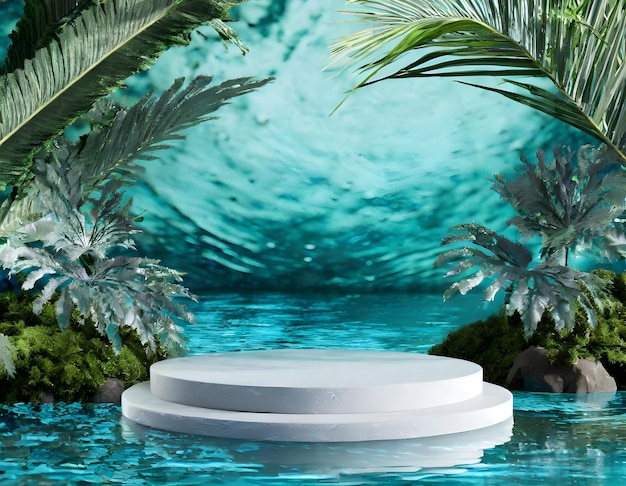 Empty space podium stage with aqua water blue color with nature decoration 3d image render