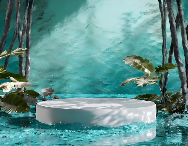 Empty space podium stage with aqua water blue color with nature decoration 3d image render