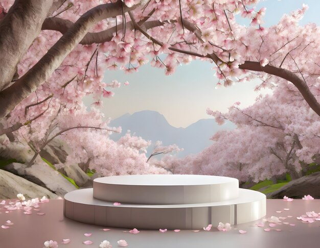 写真 3d画像レンダリング 桜の花とピンクと白の空のスペース・ポディウムステージ