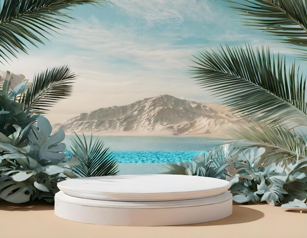 写真 白い床の自然の装飾と山の海の景色 3d 画像レンダリング
