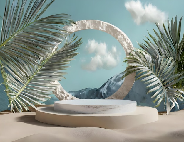 写真 白い床の自然の装飾と山の海の景色 3d 画像レンダリング