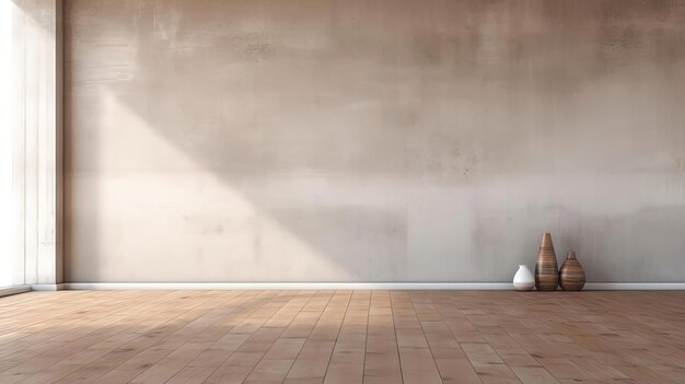 empty space in a room with wooden floor and cement walls in the style of anticlutter