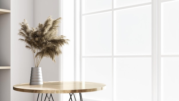 窓のそばの丸い木製のテーブル 自然の光 影 花束 花瓶 窓 スキンケア クリーム 美容品 3ドレンダー