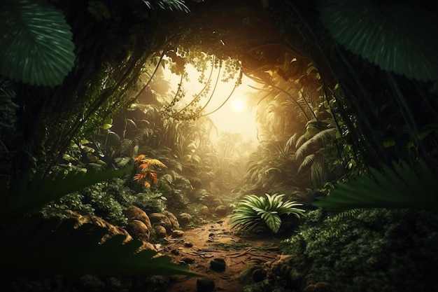 Empty space sunny jungle foresttropical nature display scene Generative AI