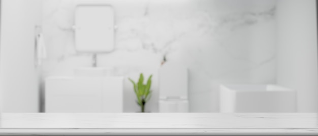 흐릿한 현대적인 대리석 흰색 욕실 배경으로 제품을 몽타주하기 위한 탁상의 빈 공간
