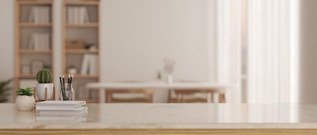 An empty space on a white marble tabletop in a beautiful minimalist living room