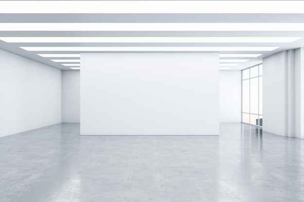 Empty spacious light exhibition or gallery hall with front view on blank white wall glossy concrete floor white ceiling and windows 3D rendering mockup