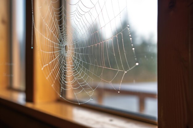 An empty spider web on a window pane