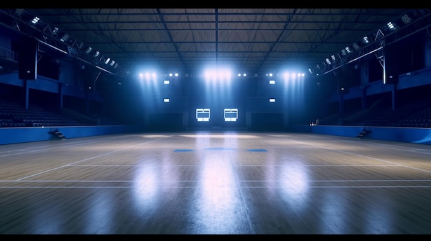 An empty sports arena or gymnasiumstyle setting prepared for a live stage production Generative AI