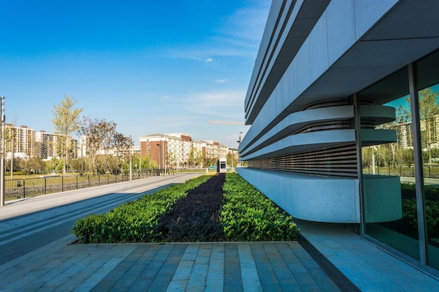 Empty square floor and mountain nature landscape in city park