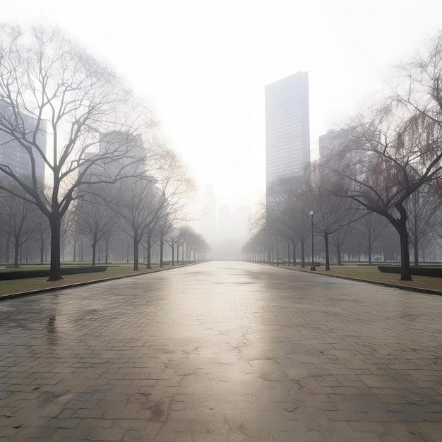 An empty square in a foggy day