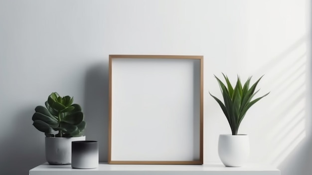 Empty square frame mockup in modern minimalist interior over white wall background Generative AI