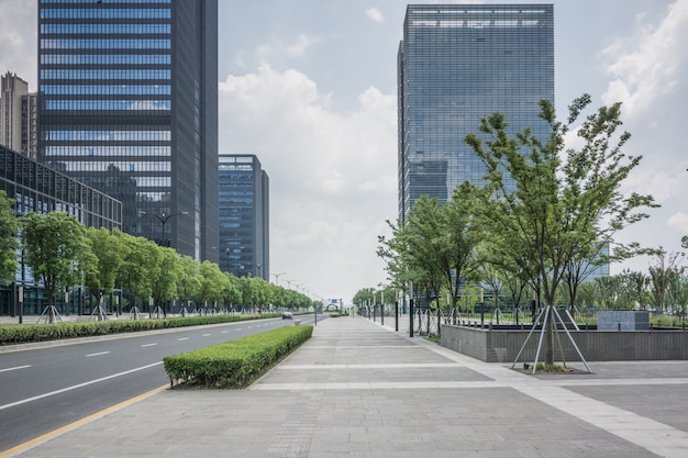 Empty square in front of city commercial building