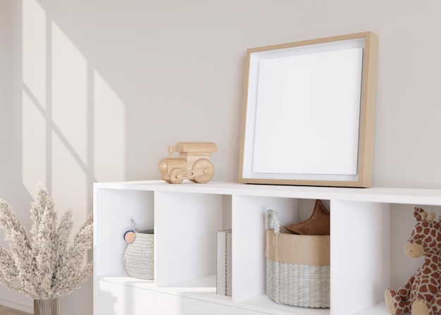 Empty square picture frame standing on sideboard in modern child room Frame mock up in contemporary style Free copy space for picture poster Toys pampas grass Close up view 3D rendering