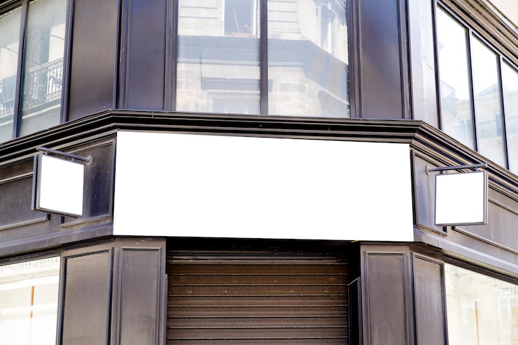 Photo empty square rectangle white poster and frame signboard white front of facade shop