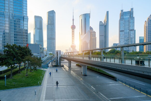 Empty square and skyscraper in Shanghai financial center, China