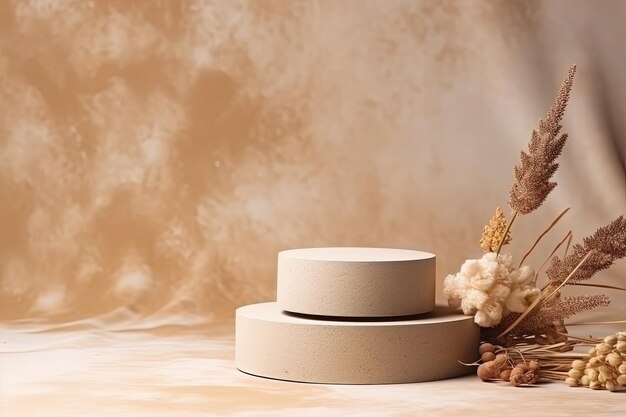 Empty stack of stones and dry flower on beige background Stone podium for cosmetics display