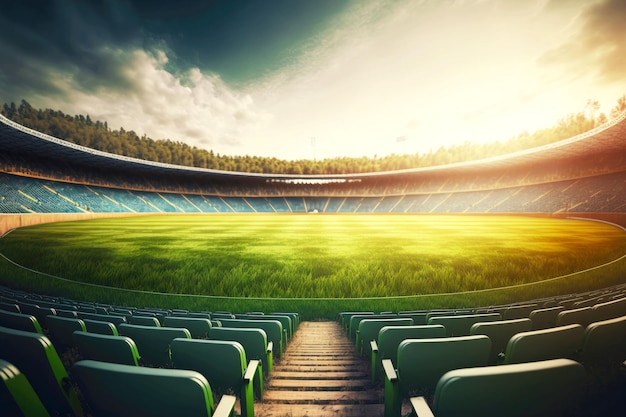 Пустой стадион с зеленым игровым полем в солнечный день
