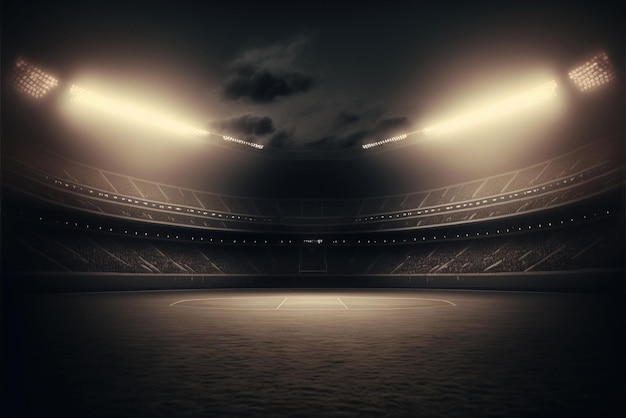 Empty stadium with a lot of lights and a sign that says football on it.