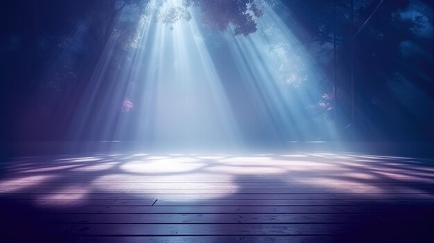 Empty stage background lightbeams spotlight backlight scene podium clear fog clouds colored blue