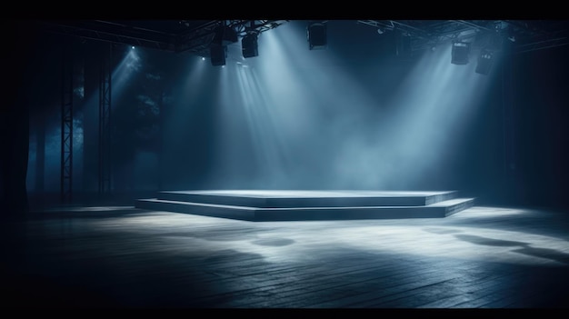 Empty stage background lightbeams spotlight backlight scene podium clear fog clouds colored blue