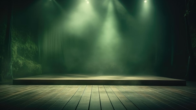 Empty stage background lightbeams spotlight backlight scene podium clear fog clouds colored green