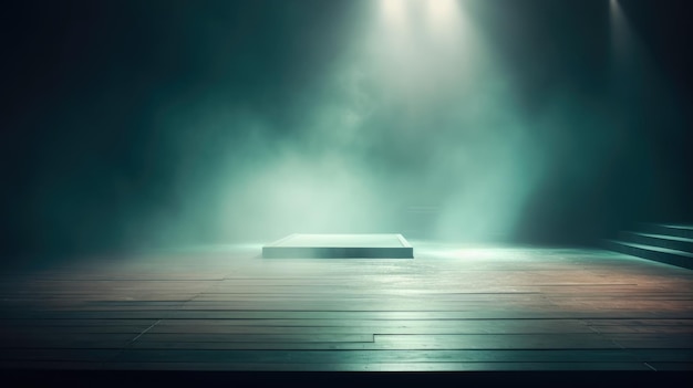 Empty stage background lightbeams spotlight backlight scene podium clear fog clouds colored green