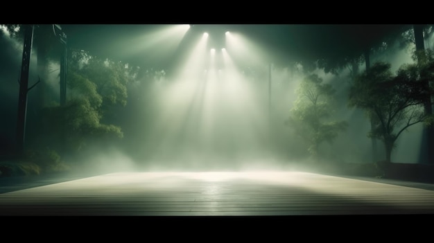 Empty stage background lightbeams spotlight backlight scene podium clear fog clouds colored green