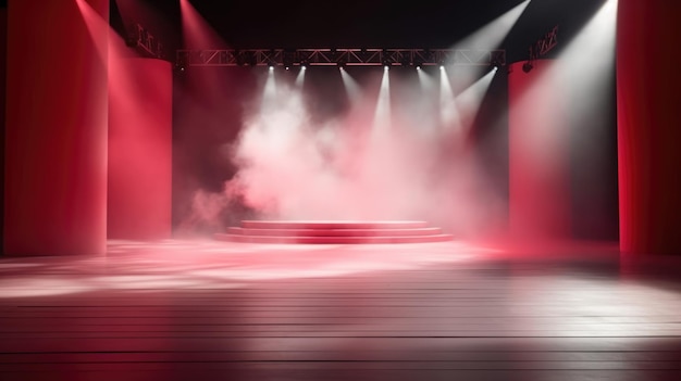 Empty stage background lightbeams spotlight backlight scene podium clear fog clouds colored pink