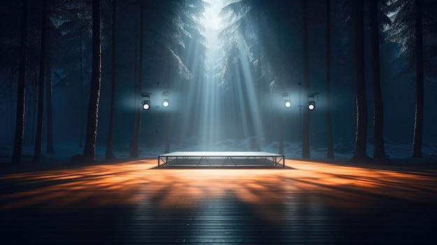 写真 空のステージの背景、表彰台のシーン、霧の雲、ダンスシアター、舞台裏、光線、音楽の場所