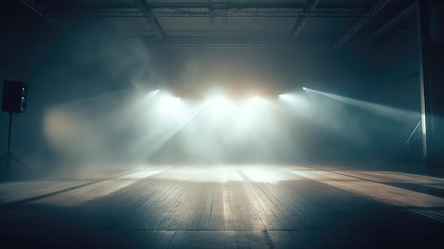 empty stage background spotlight backstage fog clouds light rays podium scene theatre white