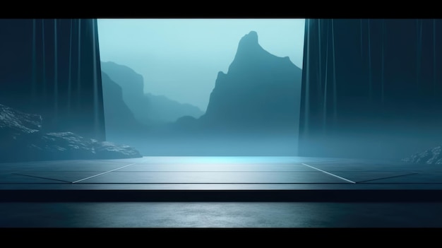 Foto palcoscenico vuoto sfondo riflettore scena musica retroilluminazione nebbia nuvole fasci di luce arri podio compatto