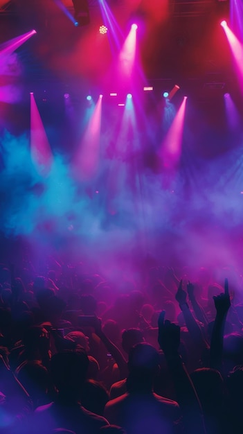 An empty stage bathed in mesmerizing purple lights anticipating an exciting live music performance