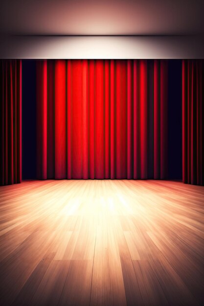 Empty stage floor and red curtain