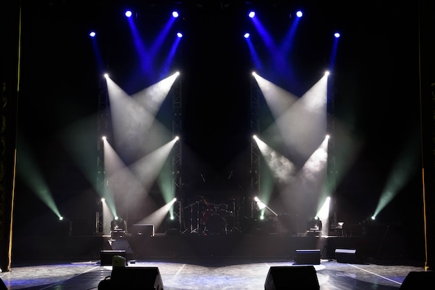 Empty stage. Multicolored lights, light show at the Concert.