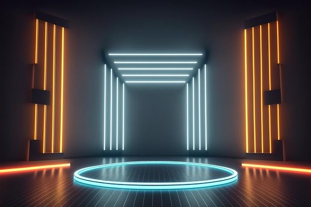 Empty stage and neon lines in the dark room 3d rendering