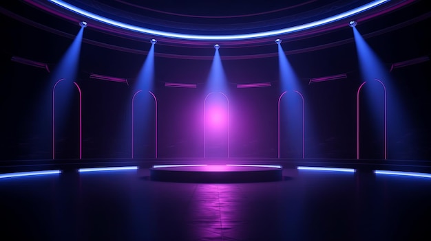 Empty stage shows empty dark blue purple pink background AI generative